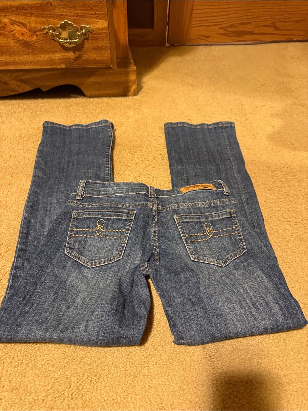 Dark Blue Women's Bootcut Jeans with Decorative Pocket Stitching - Picture 2 of 5